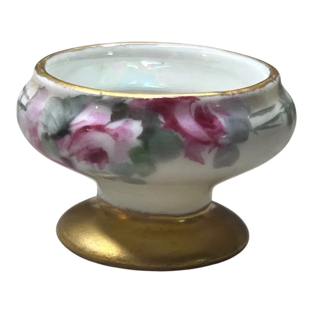 Vintage Hand Painted Porcelain Salt Cellars Set of 6 Pink Rose Gold Footed Bowls
